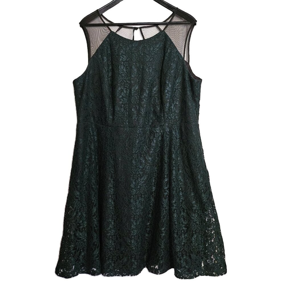 MICHEL STUDIO COLLECTION Green Lace & Black Mesh Shoulders Midi Dress Size 18